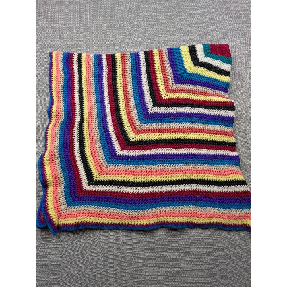 Handmade Knit Afghan Throw Blanket 48x47 Multicolor Striped Reversible